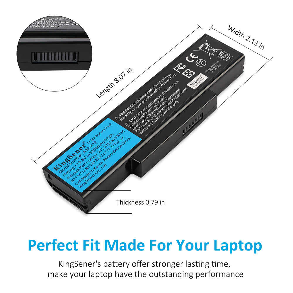 A32-K72 rechargeable laptop battery for ASUS K72 K73 series, 10.8V 56Wh 5200mAh, long black pack with blue KingSener label.