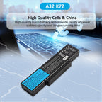 A32-K72 rechargeable laptop battery for ASUS K72 K73 series, 10.8V 56Wh 5200mAh, long black pack with blue KingSener label.