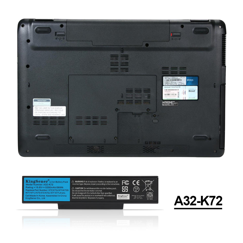 A32-K72 rechargeable laptop battery for ASUS K72 K73 series, 10.8V 56Wh 5200mAh, long black pack with blue KingSener label.