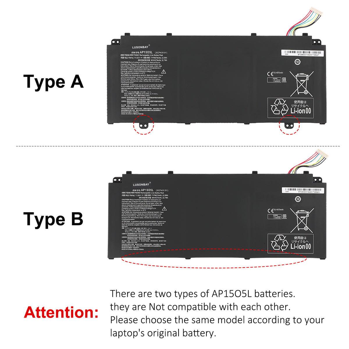 LUSONBAY AP15O5L Laptop Battery For Acer Swift 5 SF515-51T Series 53.9WH 11.55V - Difference Overview