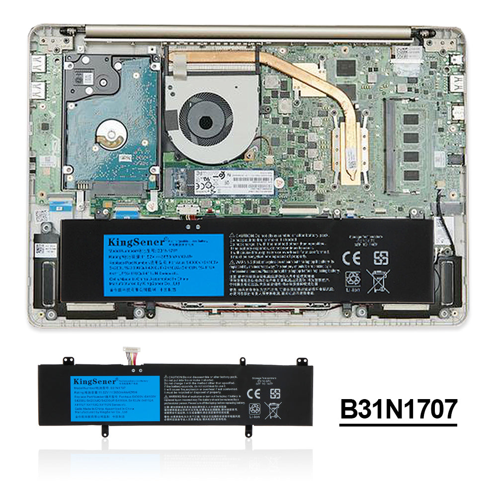 B31N1707 Replacement Laptop Battery for ASUS VivoBook S14 S410UQ, 11.52V 42WH, full battery assembly with labels and tools.