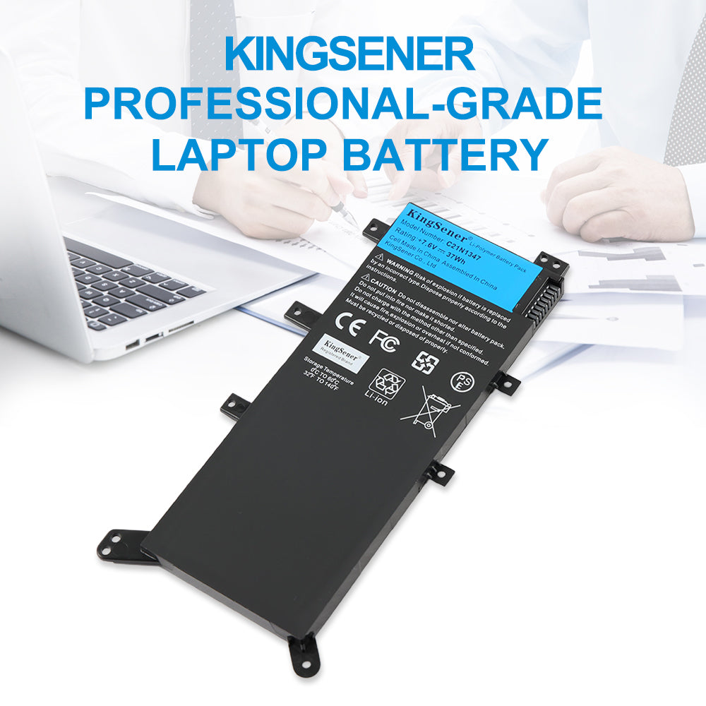 C21N1347 replacement battery for ASUS X555 X554L series, 7.6V 37Wh, flat black Li-Polymer pack with 9 mounting holes and screwdriver.