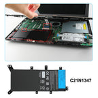 C21N1347 replacement battery for ASUS X555 X554L series, 7.6V 37Wh, flat black Li-Polymer pack with 9 mounting holes and screwdriver.
