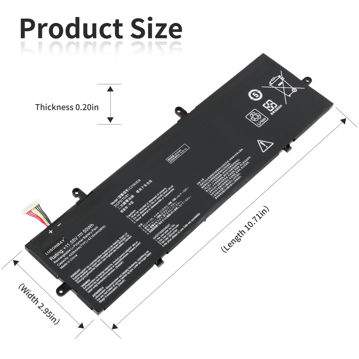 C31N1816 Asus ZenBook Flip 13 battery dimensions 10.71 x 2.95 x 0.20 inches, product size diagram with angled view