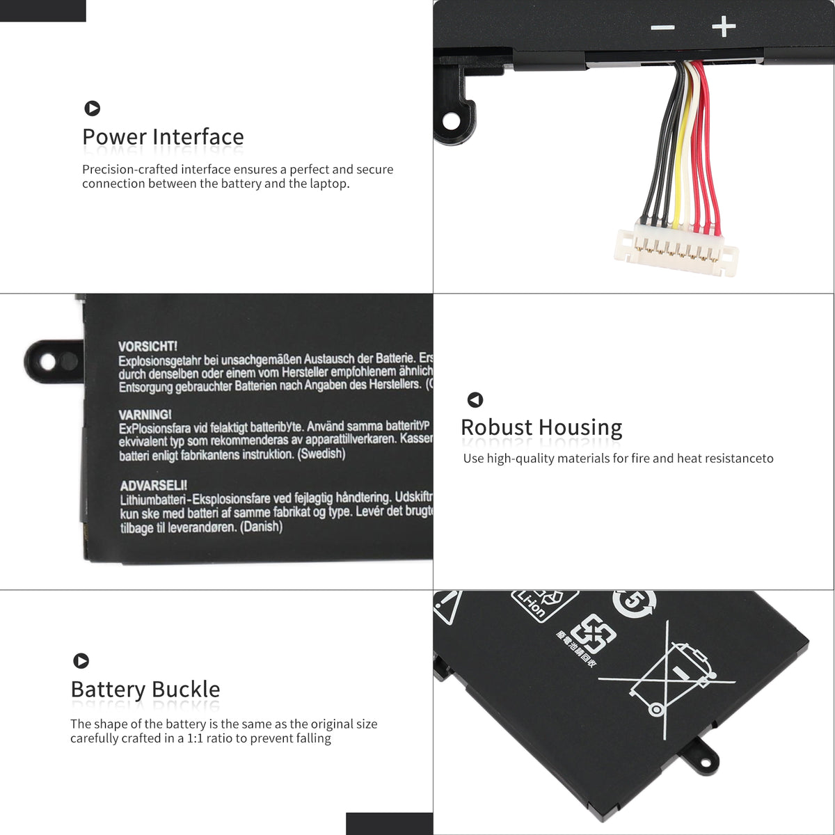 C31N1816 Asus ZenBook Flip 13 battery details, multi-pin interface connector, robust housing and buckle design close-up