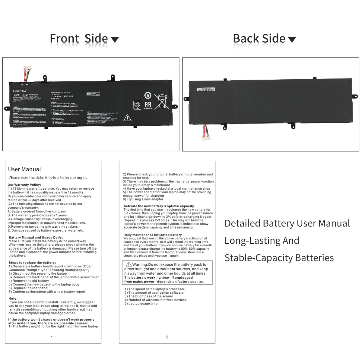 C31N1816 replacement battery front and back side view with detailed user manual for Asus ZenBook Flip 13 UX362 series