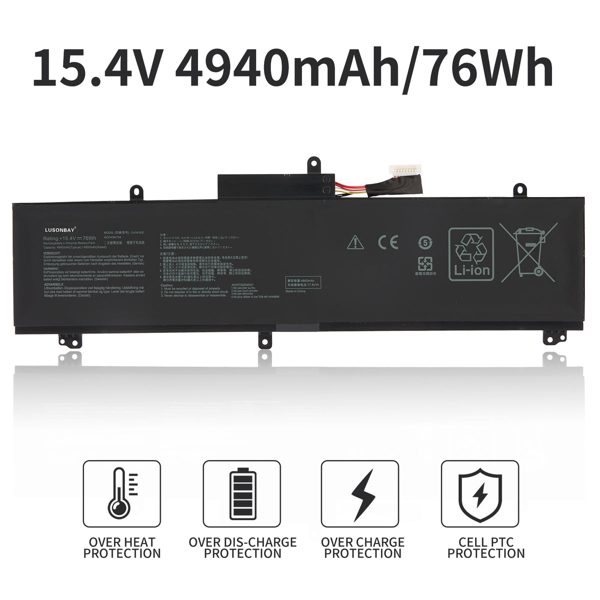 LUSONBAY C41N1837 Laptop Battery For Asus TUF Dash F15 FX516PR FX516PR-AZ019T FX516PE - 15.4V 4940mAh/76Wh