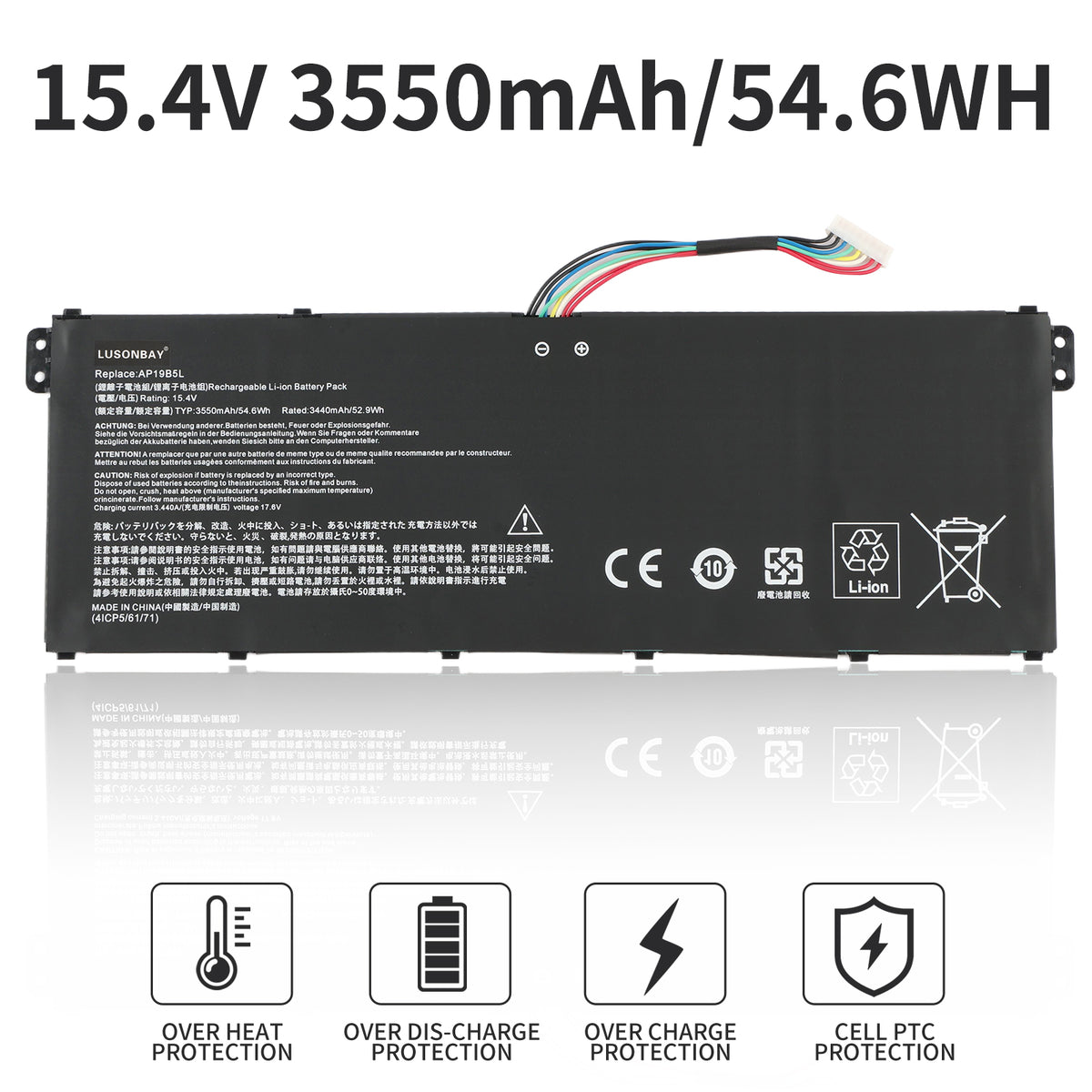 AP19B5L Acer laptop battery specs 15.4V 3550mAh 54.6Wh with overheat overcharge PTC protection icons
