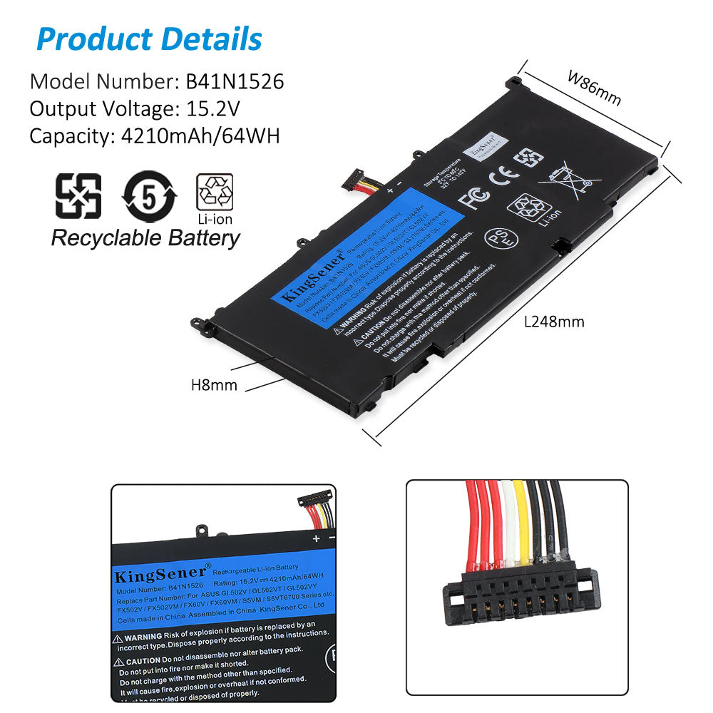 B41N1526 Laptop Battery for ASUS ROG Strix GL502, 15.2V 64Wh, black rectangular case with mounting tabs.