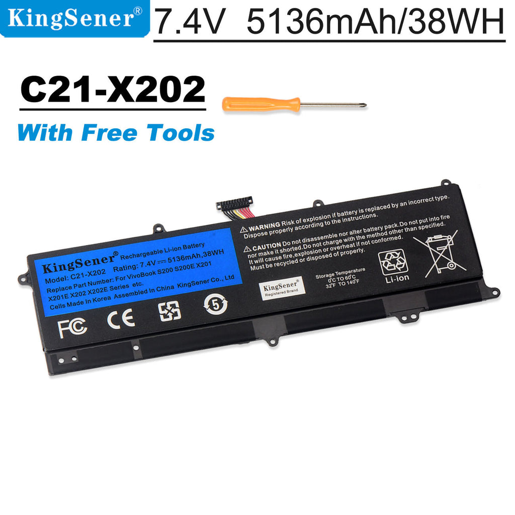 C21-X202 internal battery for ASUS VivoBook S200 S200E X202 series, 7.4V 5136mAh, slim black battery pack with mounting tabs.