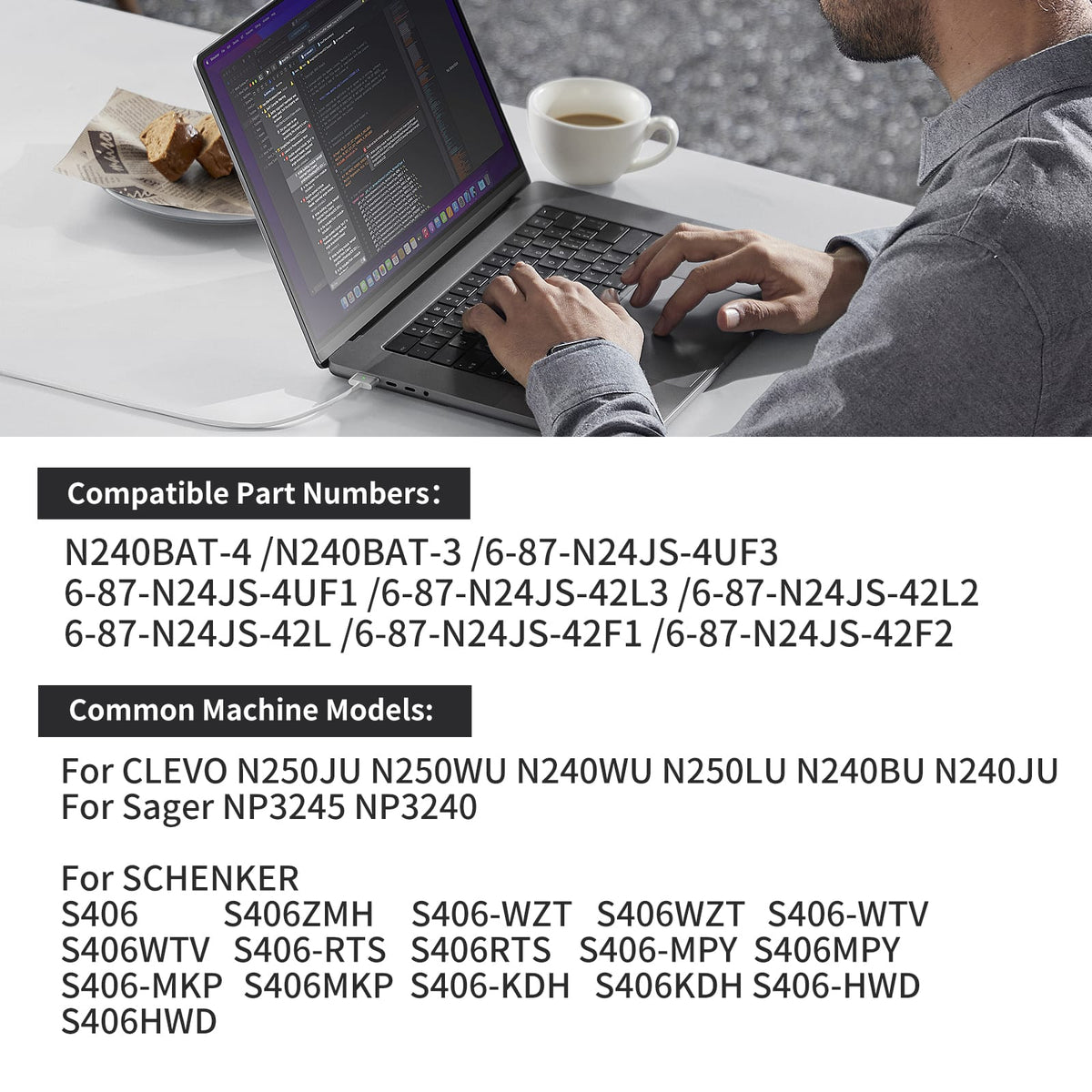 N240BAT-4 compatible part numbers for CLEVO N250JU N240WU Sager NP3245 SCHENKER S406 series, model reference chart