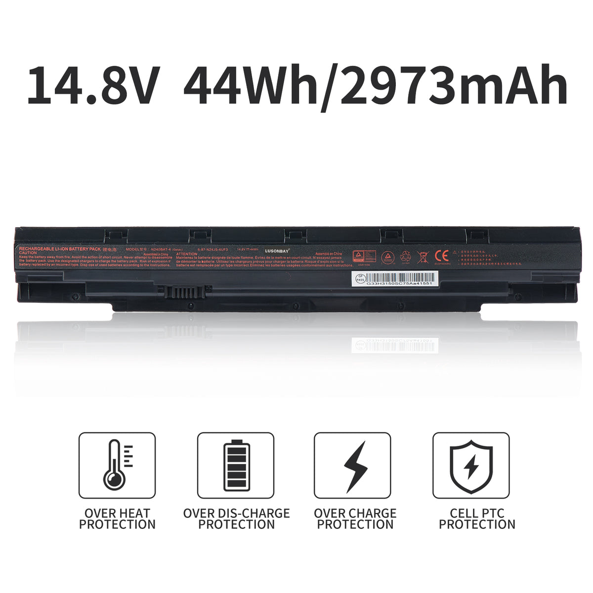 N240BAT-4 battery 14.8V 44Wh 2973mAh Li-ion for CLEVO N240 N250 series, with overheat overcharge PTC protection icons
