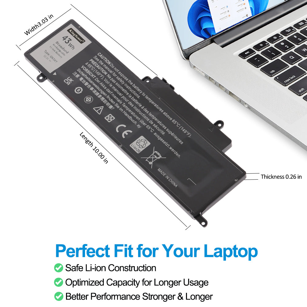 DELL GK5KY replacement laptop battery 11.1V 43Wh, dimensions 10.00x3.03x0.26in, safe Li-ion