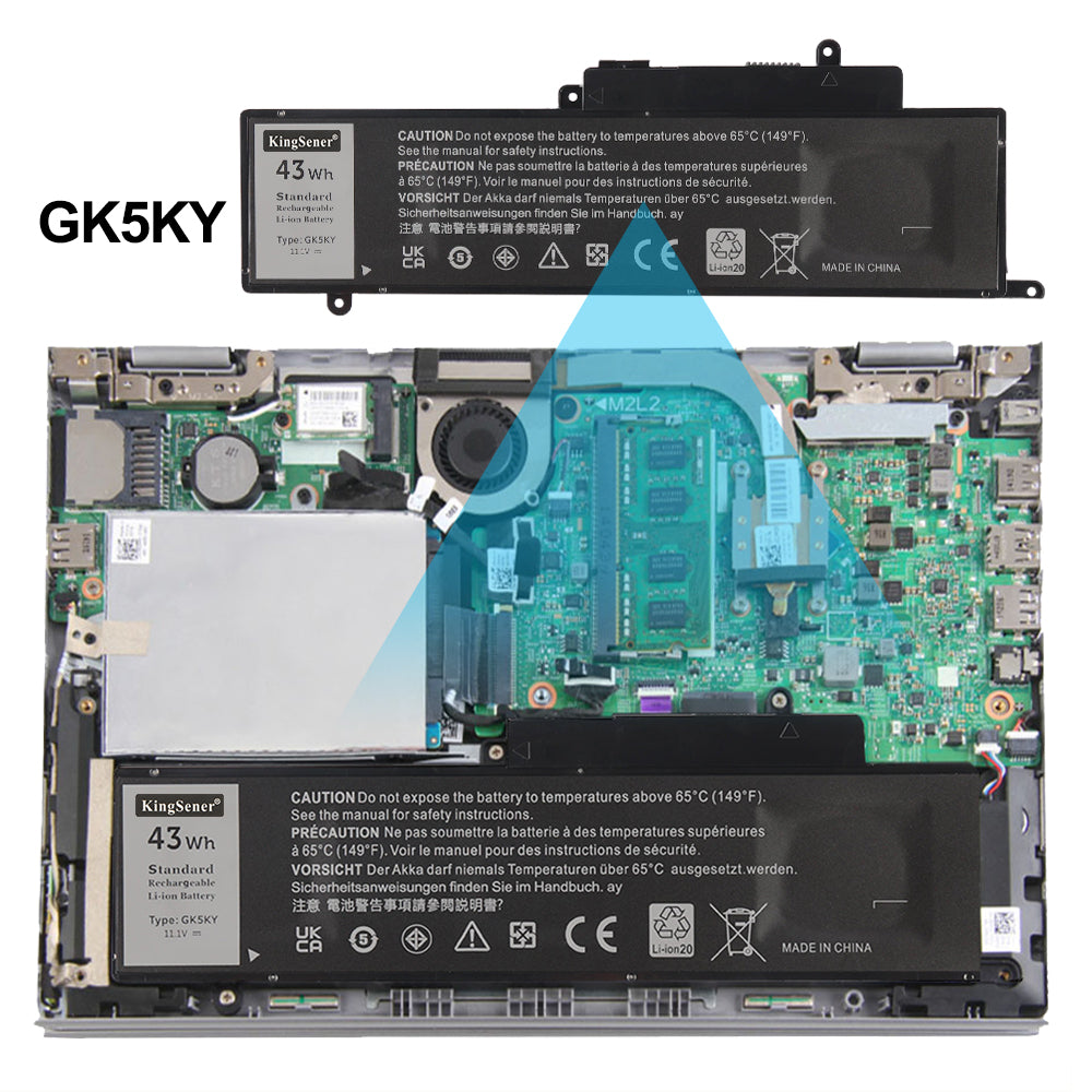 DELL GK5KY battery installed inside laptop with single fan and green motherboard M2L2, exact fit
