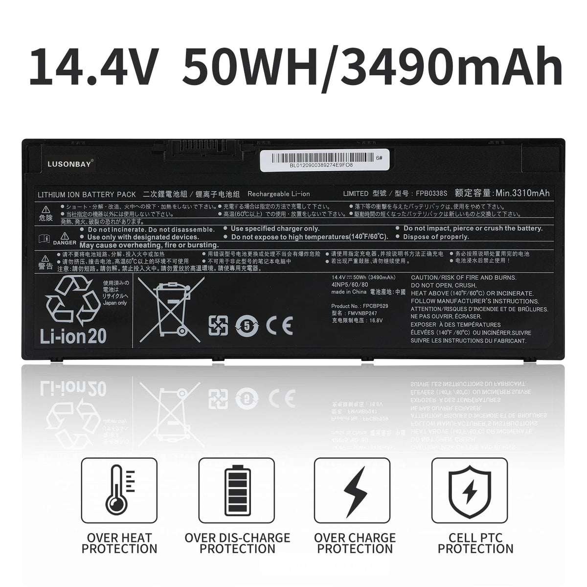 FPB0338S Fujitsu battery specs 14.4V 3490mAh 50Wh with overheat overcharge PTC protection icons