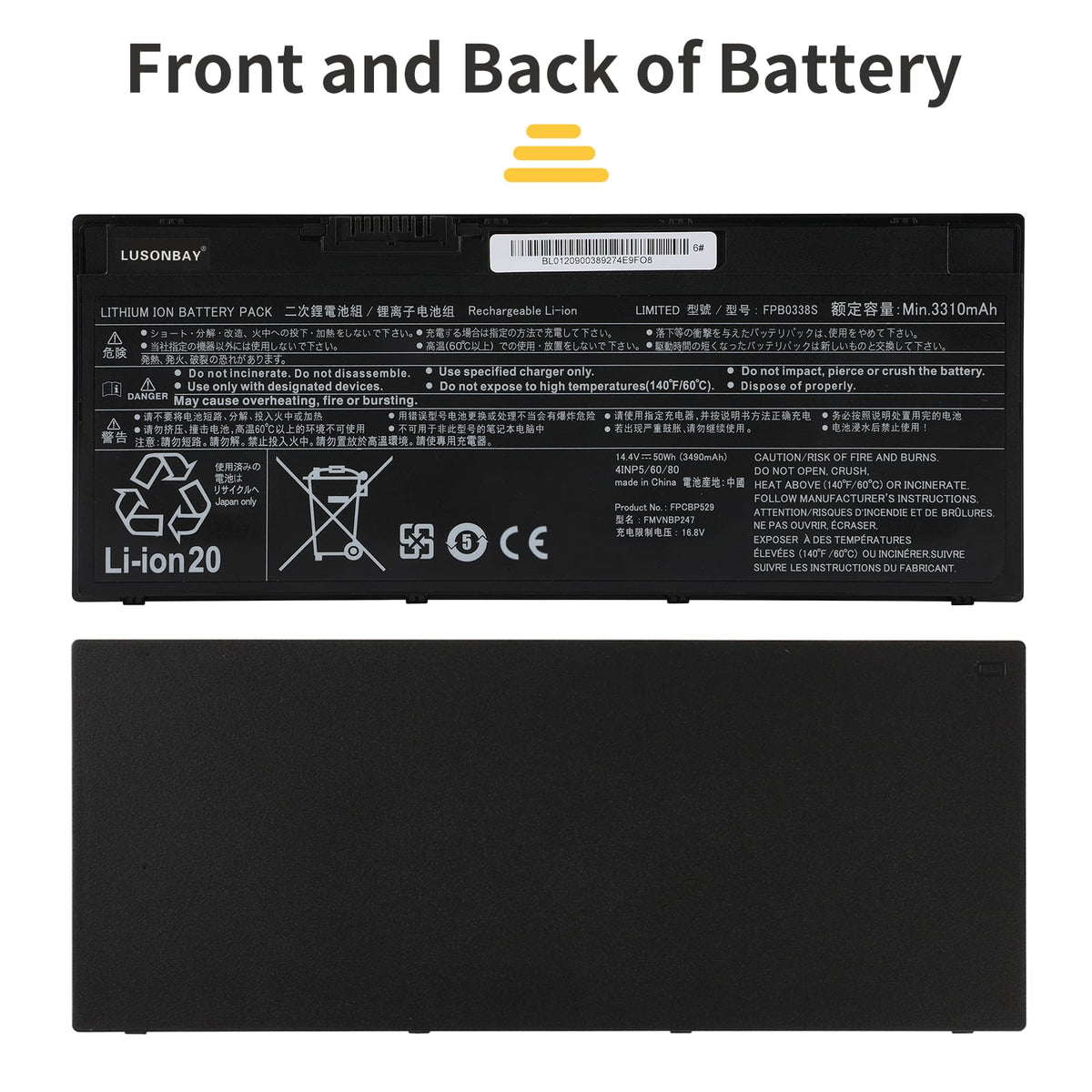 FPB0338S replacement battery front and back dual side view, Li-ion 14.4V for Fujitsu LifeBook E/U/T