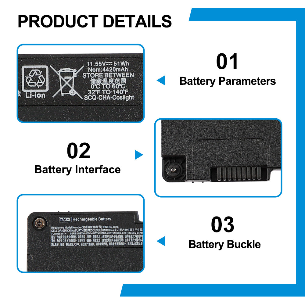 TA03XL product details: 11.55V 51Wh 4420mAh parameters, slide-rail interface, HSTNN-IB7L model, TPN-Q173 TPC-L003 PM02XL compatible for HP EliteBook