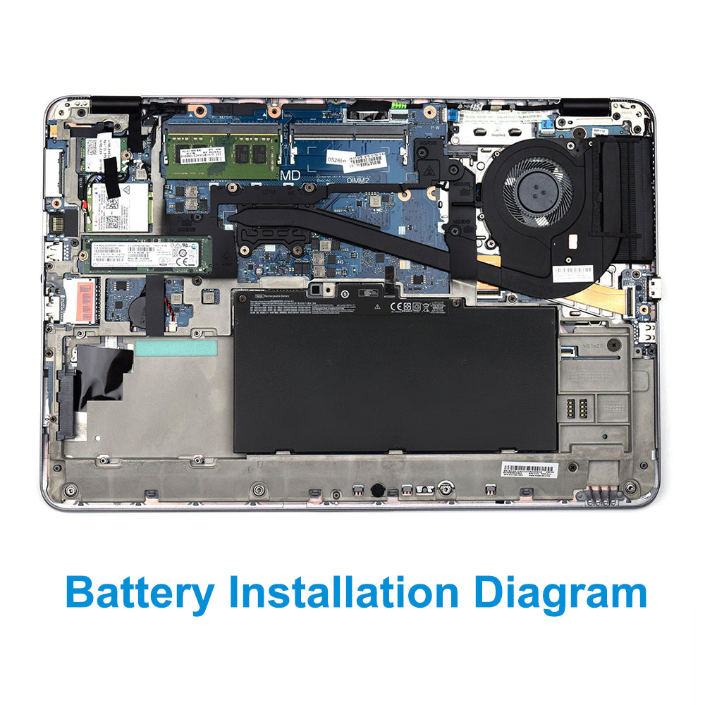 TA03XL 51Wh battery installed in HP EliteBook 830 G5 ultrabook internal view with cooling fan and M.2 SSD, perfectly matching notebook chassis