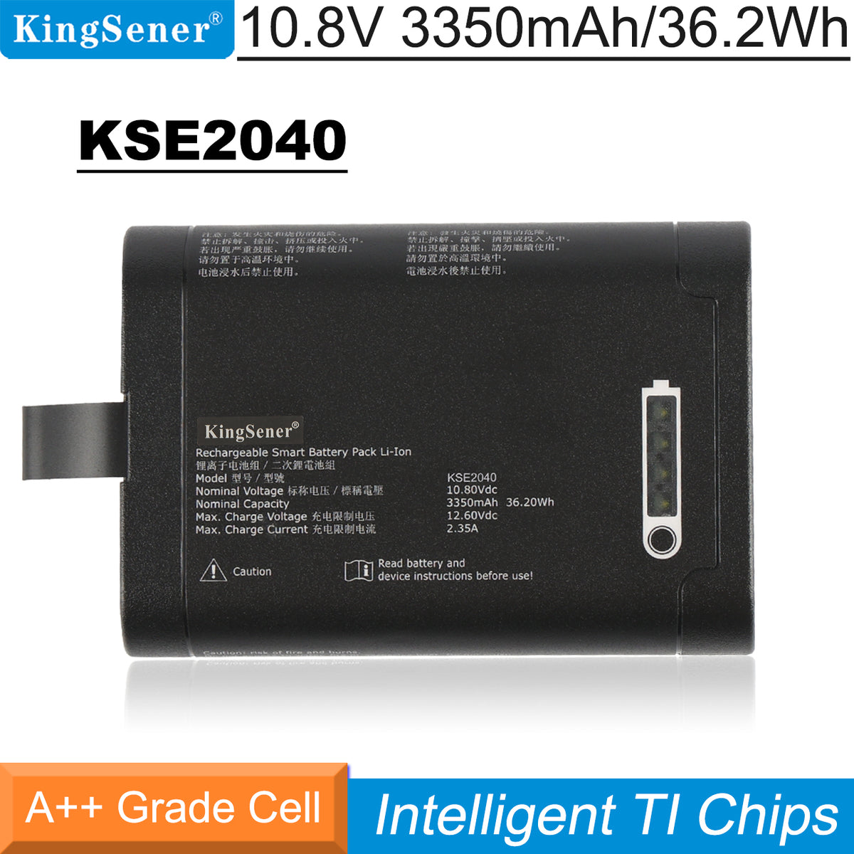 KSE2040 standard battery pack (3S1P) for coordinate measuring instruments, 10.80V 3.35Ah 36.20Wh, top view showing LED battery meter and KingSener branding