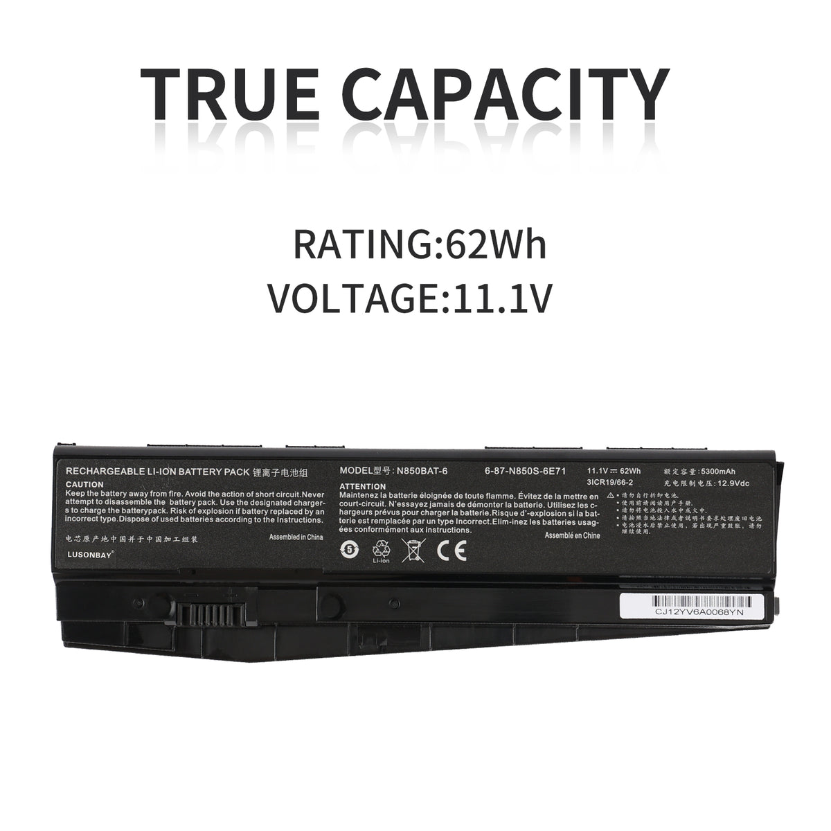 LUSONBAY N850BAT-6 Laptop Battery For Clevo N850 N850HC N850HJ N870HC N870HJ1 - True Capacity 11.1V 62Wh