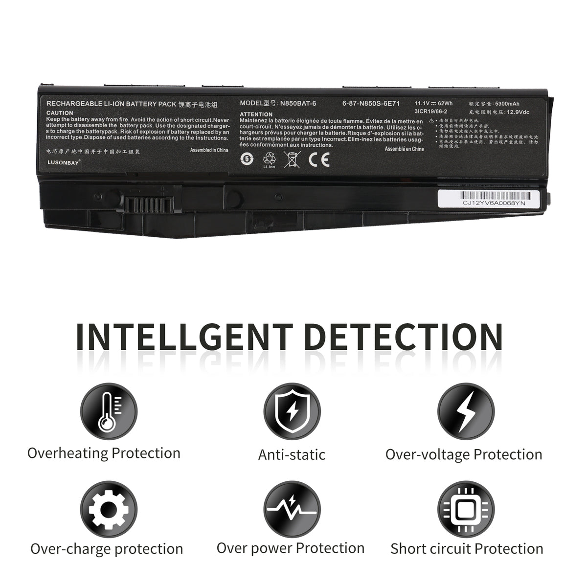 LUSONBAY N850BAT-6 Laptop Battery For Clevo N850 N850HC N850HJ N870HC N870HJ1 - Intellgent Detection