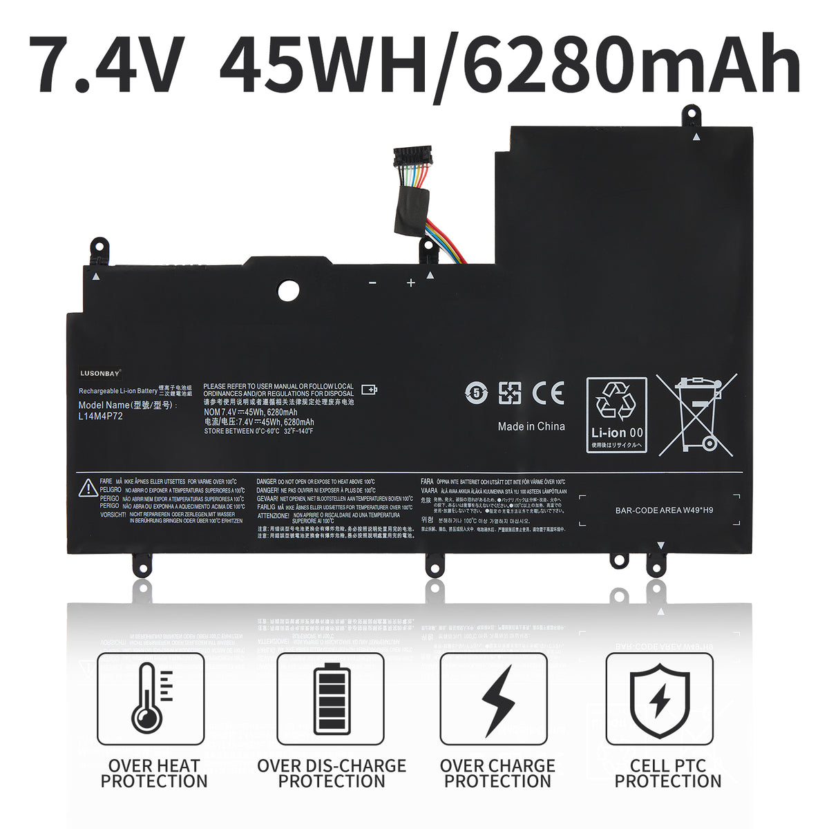 L14S4P72 battery 7.4V 45Wh 6280mAh Li-ion for Lenovo Yoga 3 14 and Yoga 700, with 4-protection icons