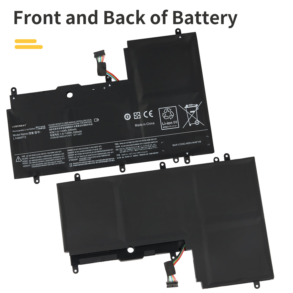 L14S4P72 replacement battery front and back dual side view, Li-ion 7.4V 45Wh for Lenovo Yoga 3 14 and Yoga 700