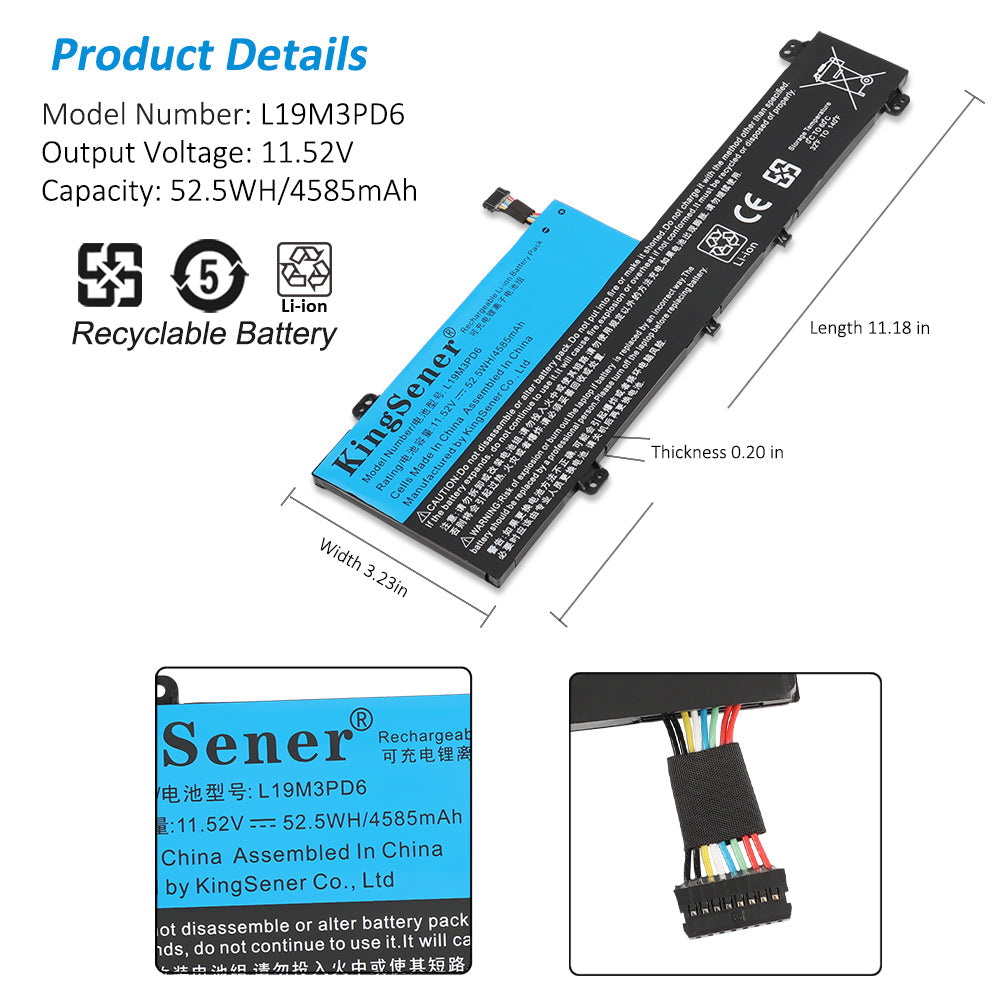 L19M3PD6 Laptop Battery for Lenovo IdeaPad, 11.52V 52.5Wh, showing internal unit and white text