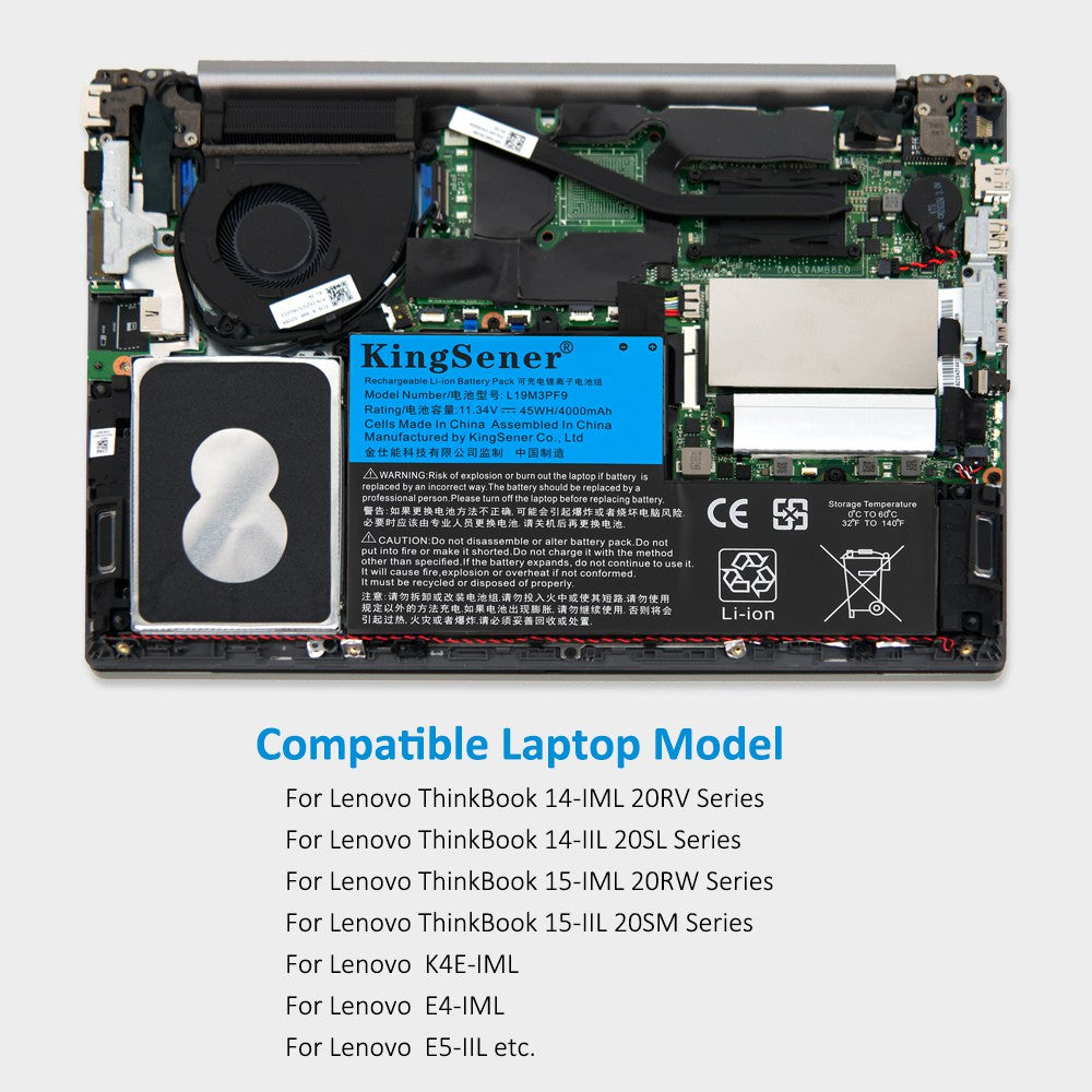 L19M3PF9 Laptop Battery for Lenovo ThinkBook, 11.34V 45Wh, showing internal unit and white labels