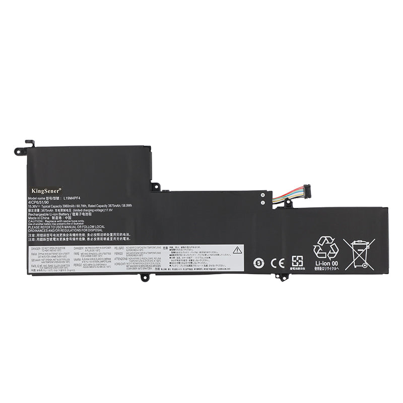L19M4PF4 Replacement Laptop Battery for Lenovo, 15.36V, front view of slim black internal battery with connector wires.