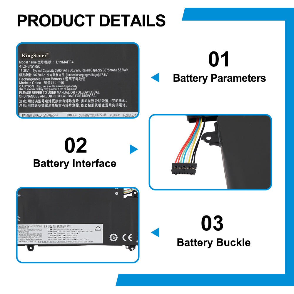 L19M4PF4 Replacement Laptop Battery for Lenovo, 15.36V, top view of the battery showing screw holes and safety labels.
