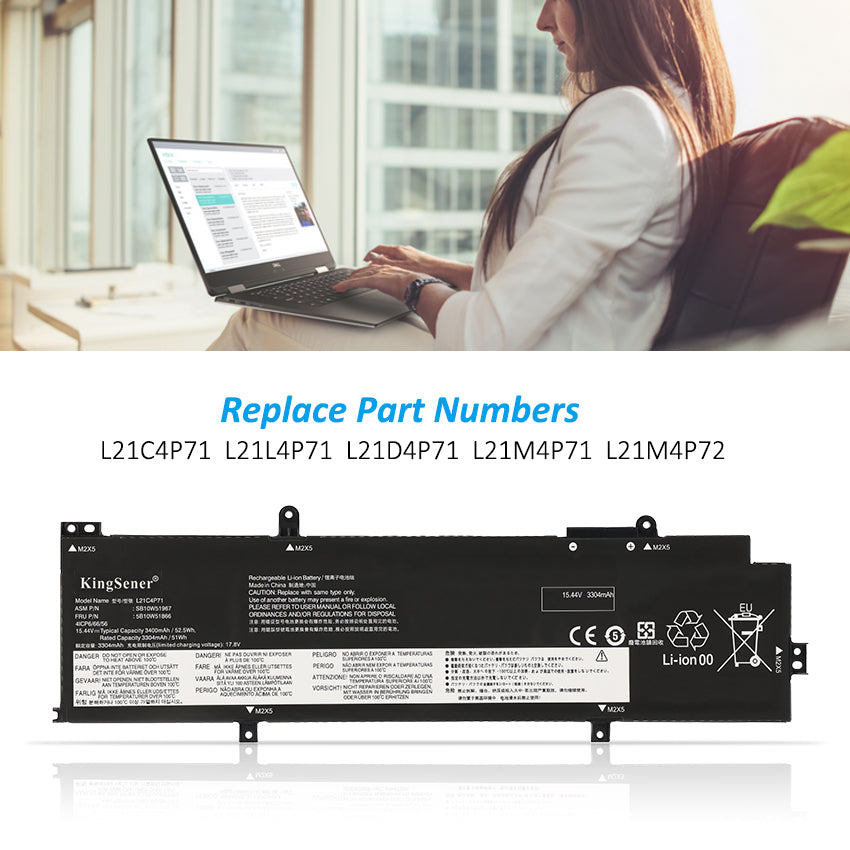 L21D4P71 Replacement Laptop Battery for Lenovo, 15.44V, rear view showing the smooth surface and structural design.