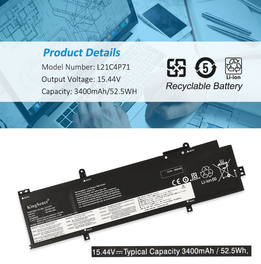 L21M4P71 Replacement Laptop Battery for Lenovo, 15.44V, perspective view of the battery casing and mounting tabs.