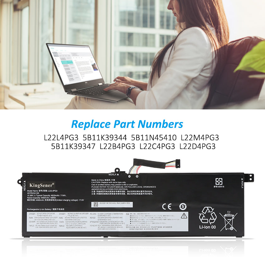 L22L4PG3 Replacement Battery for Lenovo, 15.36V 71Wh, top view of the slim rechargeable Li-ion battery pack