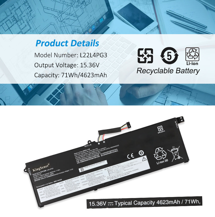 L22B4PG3 Replacement Battery for Lenovo, 15.36V 71Wh, rear view showing the smooth black casing and mounting points