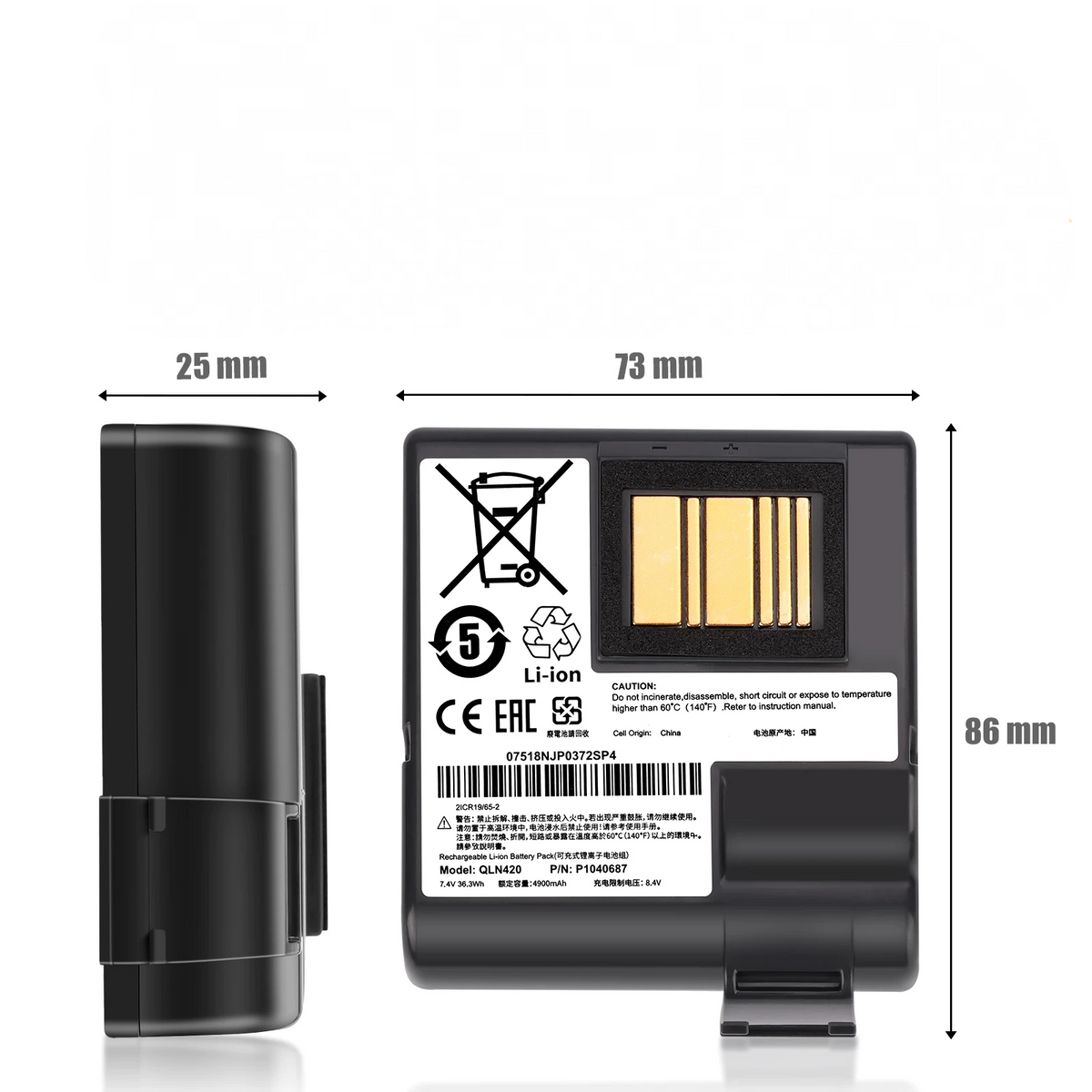 P1040687 Replacement Battery For Zebra QLN420 ZQ630 ZQ63-ACFAC10-00 7.4V 4900mAh