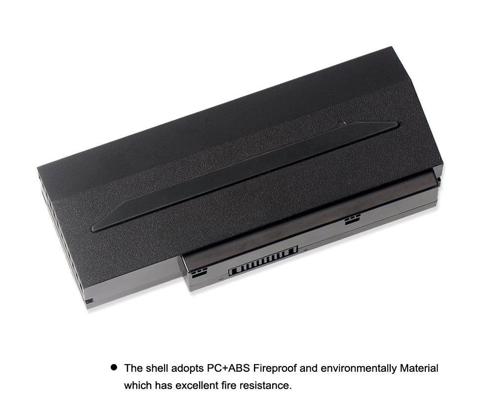 A42-G73 Laptop Battery for ASUS G73, 14.4V 5200mAh, technical details and safety warning labels.