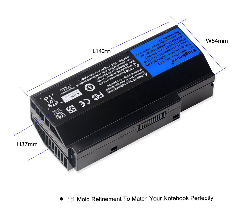 A42-G73 Laptop Battery for ASUS G73, 14.4V 74Wh, certification logos and storage temperature view.