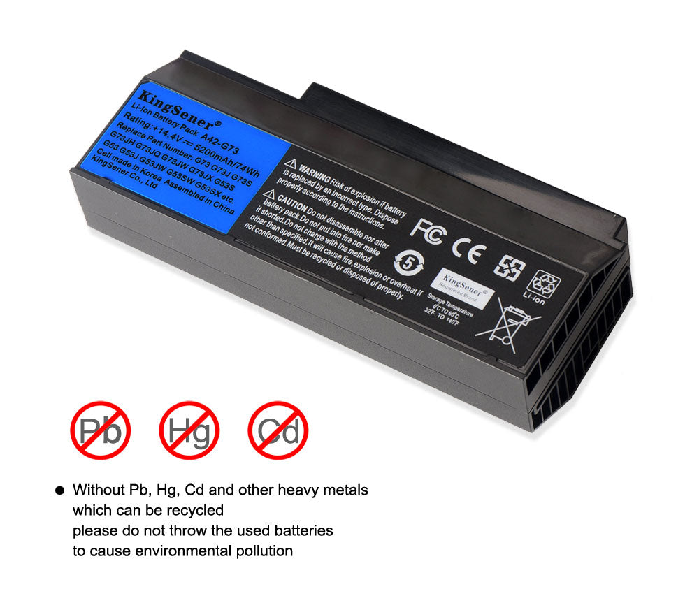 A42-G73 Laptop Battery for ASUS G73, 14.4V 5200mAh, perspective shot of the textured battery casing.