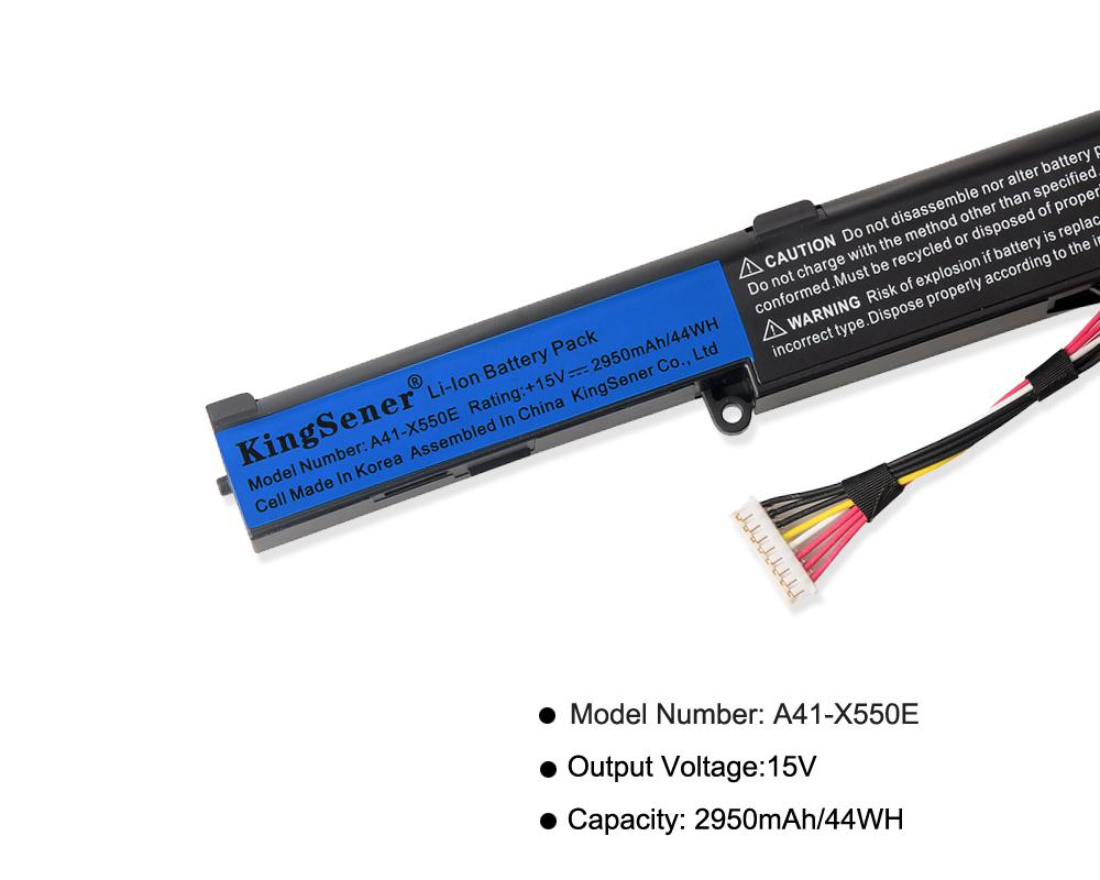 A41-X550E Laptop Battery for ASUS X450E, 15V 44Wh, front view of the slim battery with KingSener logo.