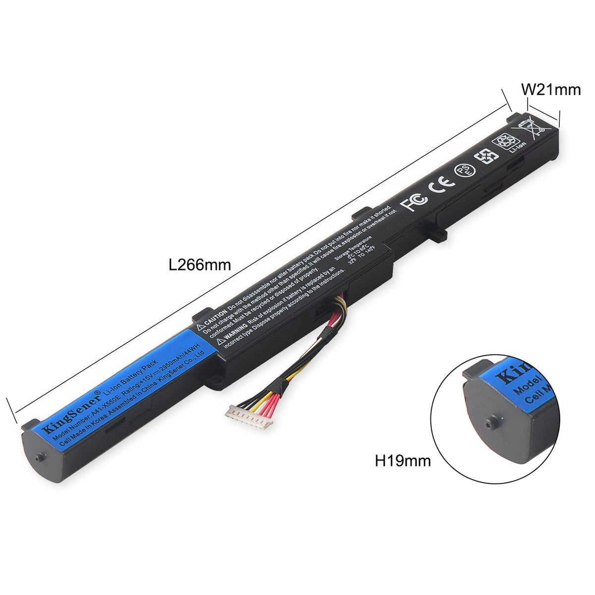 A41-X550E Laptop Battery for ASUS X450E, 15V 2950mAh, label details showing cell and assembly origin.