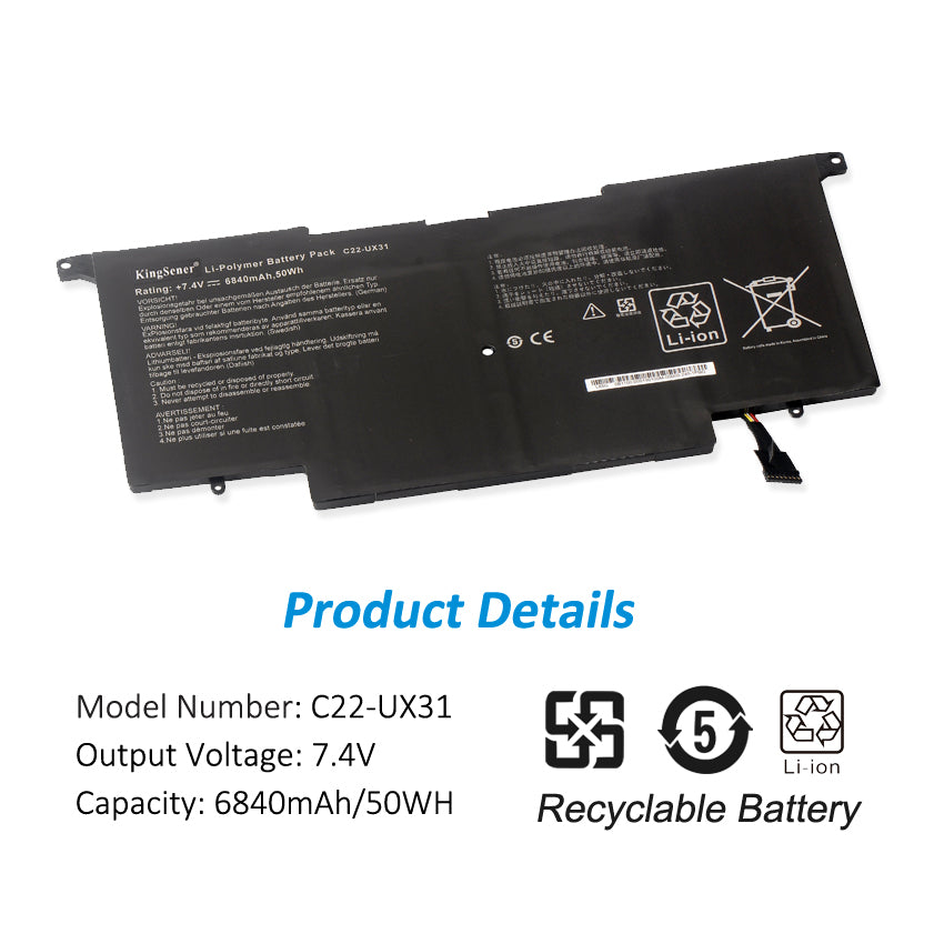 KingSener C22-UX31 batterie d'ordinateur portable pour ASUS Zenbook UX31 UX31A UX31E UX31E-DH72 C22-UX31 C23-UX31 7.4V 50WH/6840mAh