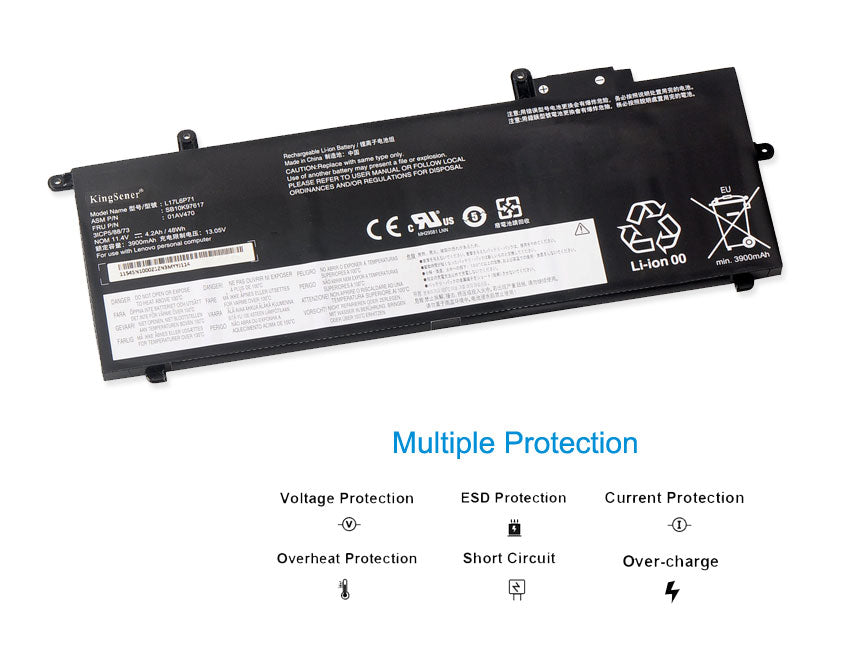 L17L6P71 rechargeable Li-ion battery for Lenovo X280 series, 48Wh capacity, showing mounting tabs and multi-pin connector.