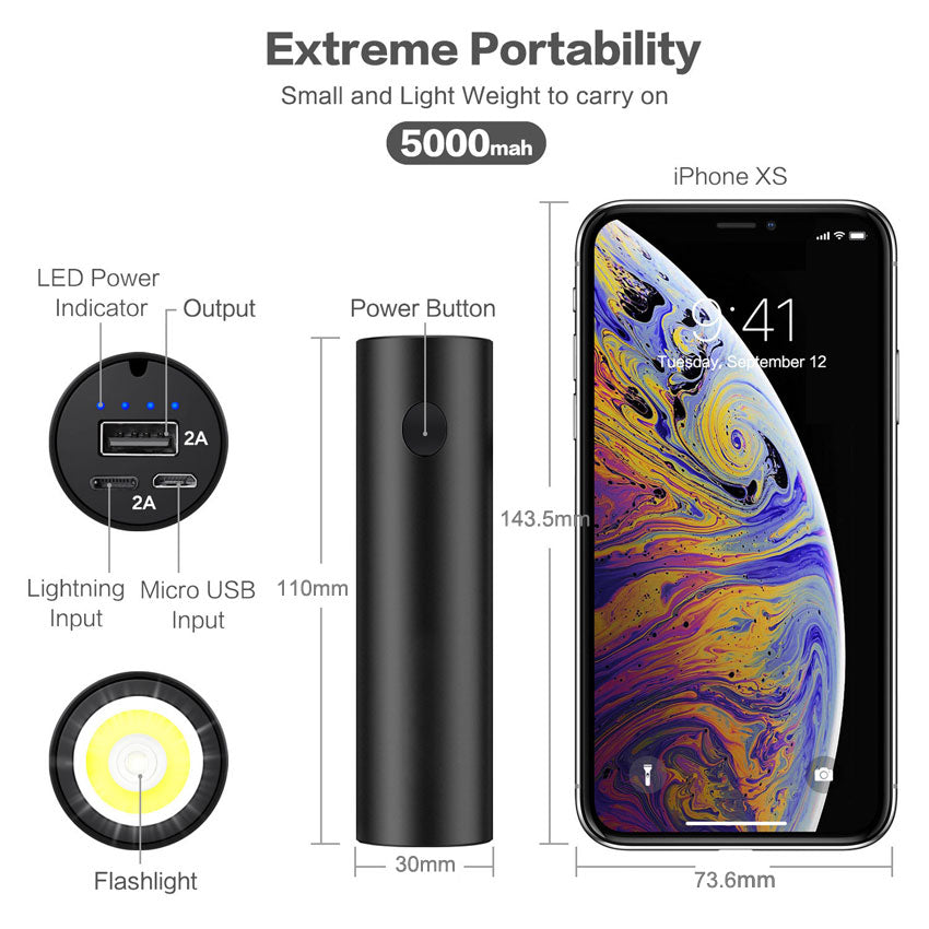5000mAh Mini Power Bank with Flashlight — 5V 2A Li-Polymer for iPhone Samsung Xiaomi